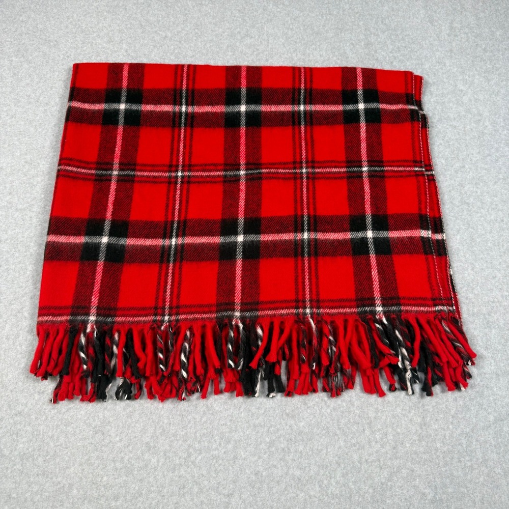 Vintage 70s Faribo Red Plaid Throw Blanket USA Faribault Woolen Mill Co 36x48